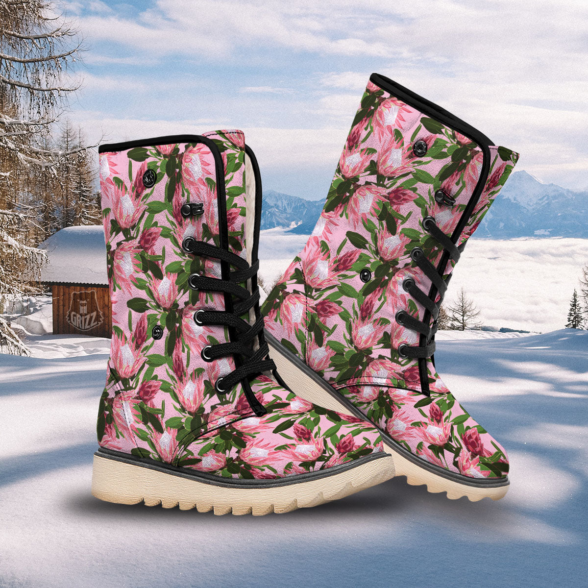 Floral Protea Print Pattern Snow Boots-grizzshop