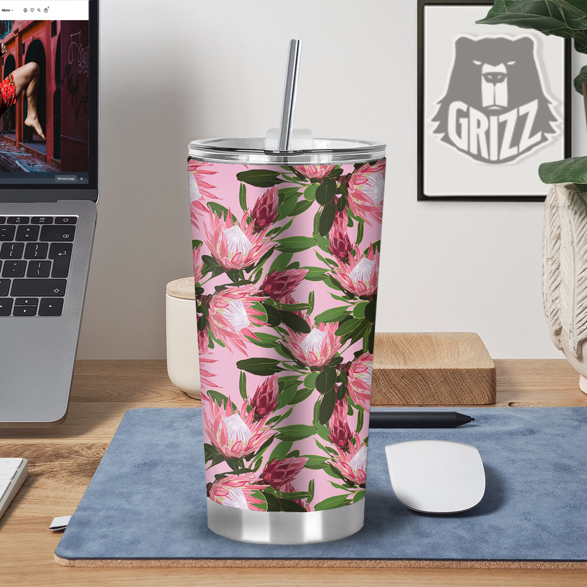 Floral Protea Print Pattern Tumbler-grizzshop