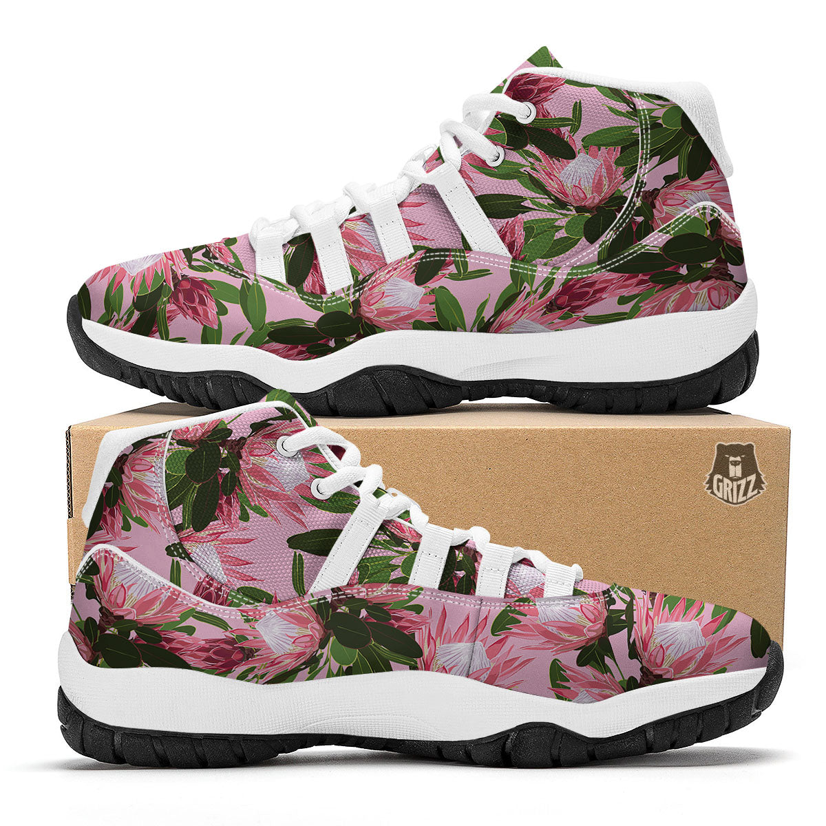Floral Protea Print Pattern White Bball Shoes-grizzshop