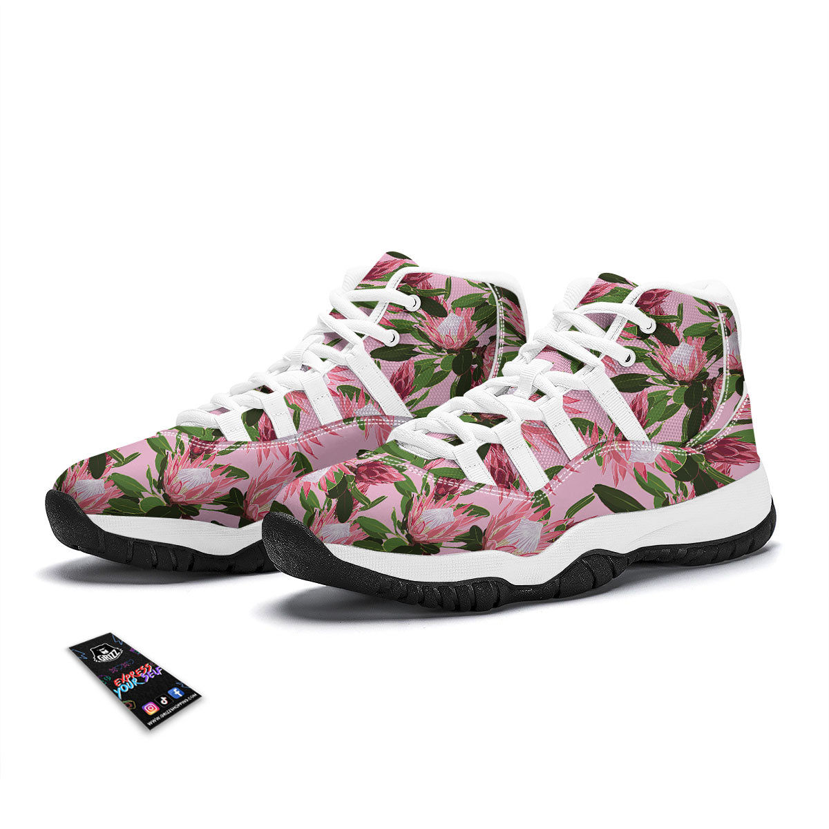 Floral Protea Print Pattern White Bball Shoes-grizzshop