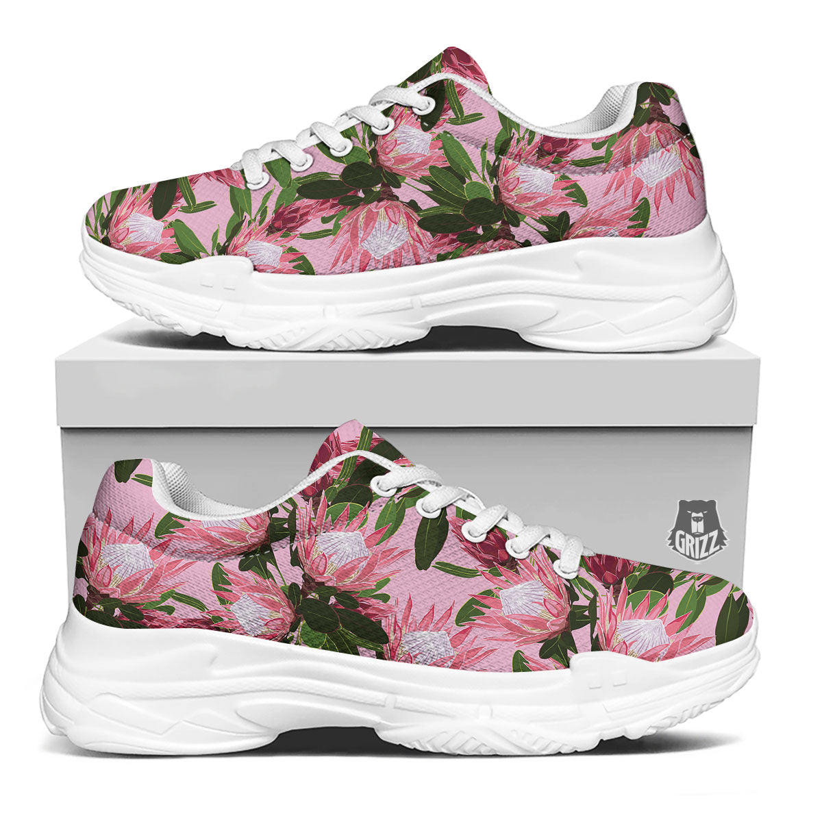 Floral Protea Print Pattern White Chunky Shoes-grizzshop