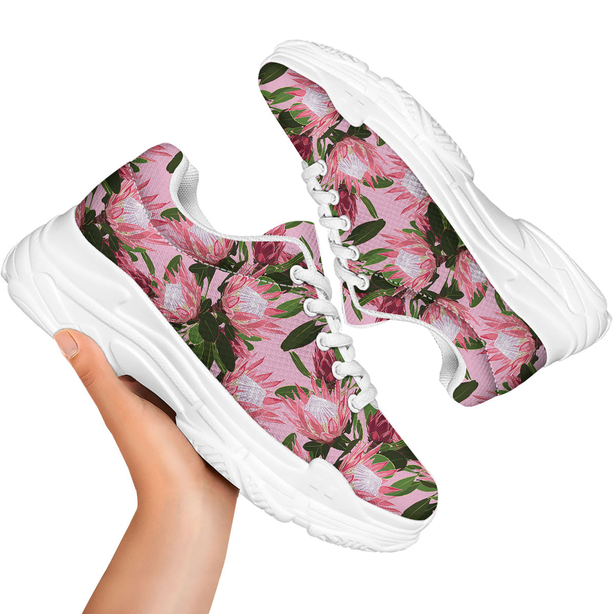 Floral Protea Print Pattern White Chunky Shoes-grizzshop