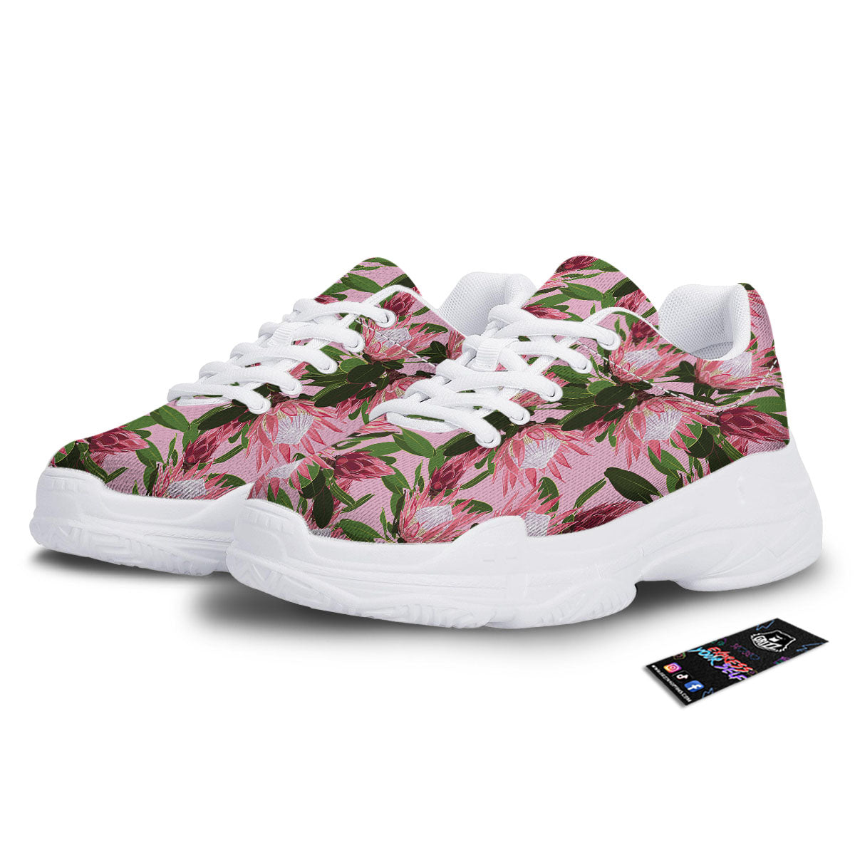 Floral Protea Print Pattern White Chunky Shoes-grizzshop