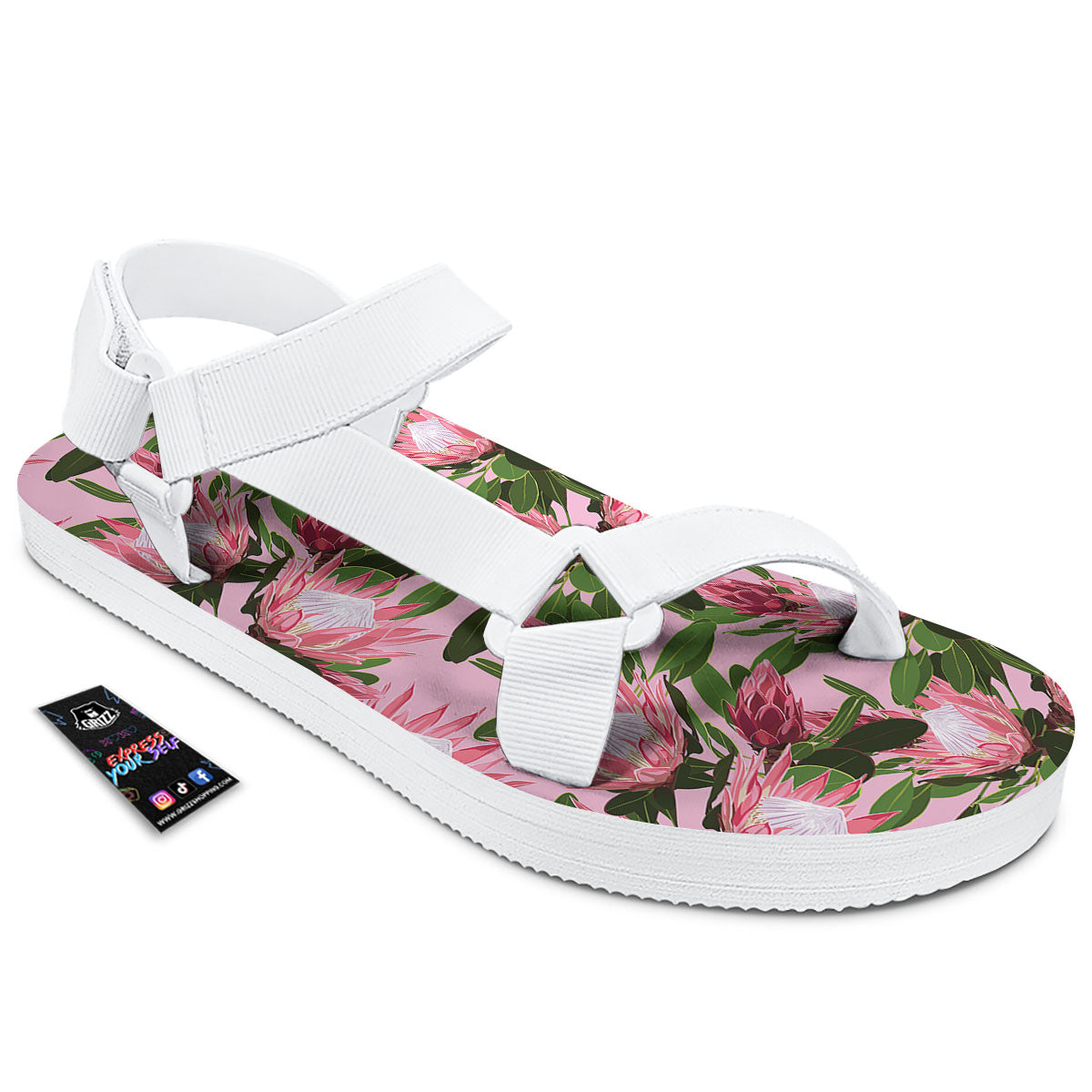 Floral Protea Print Pattern White Open Toe Sandals-grizzshop