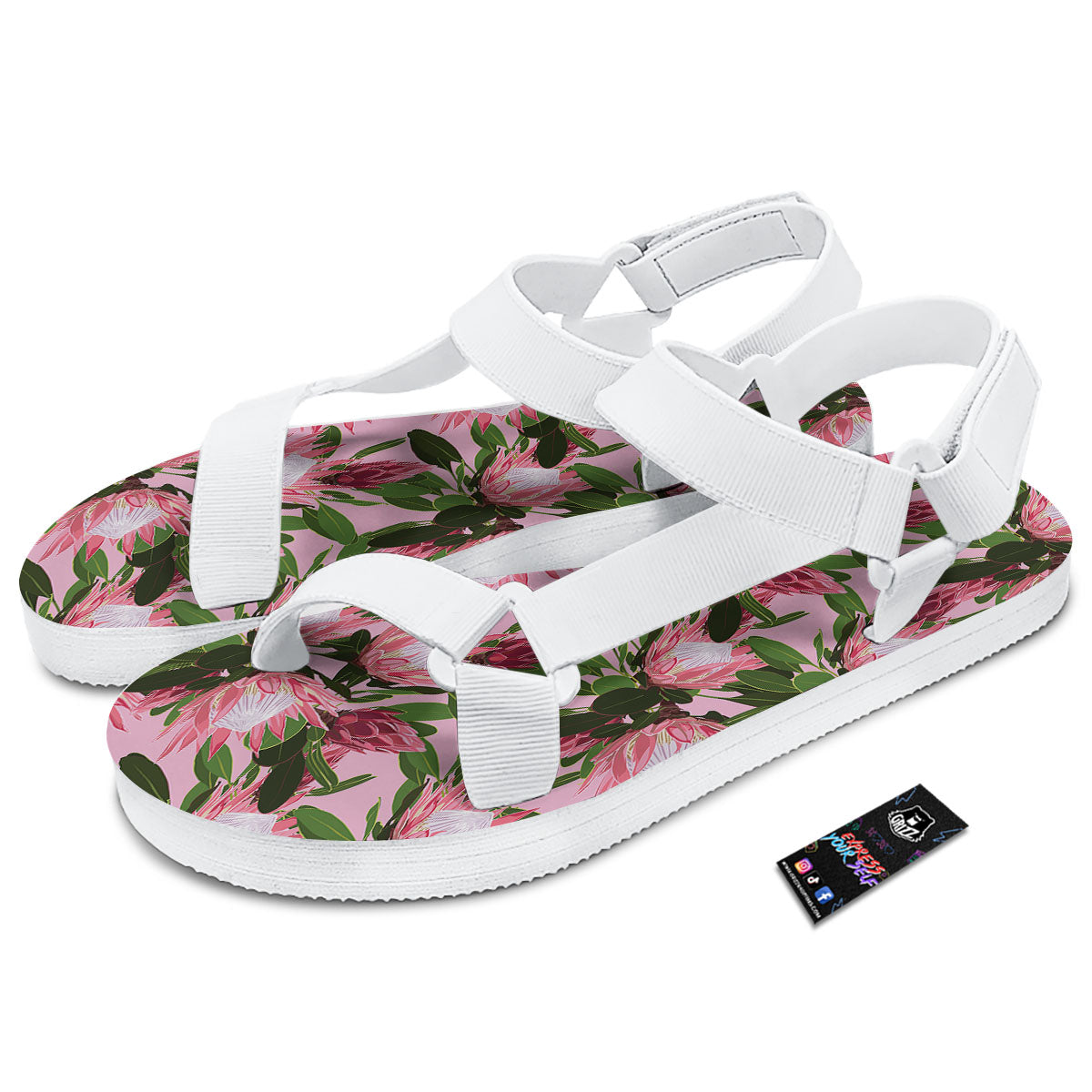 Floral Protea Print Pattern White Open Toe Sandals-grizzshop