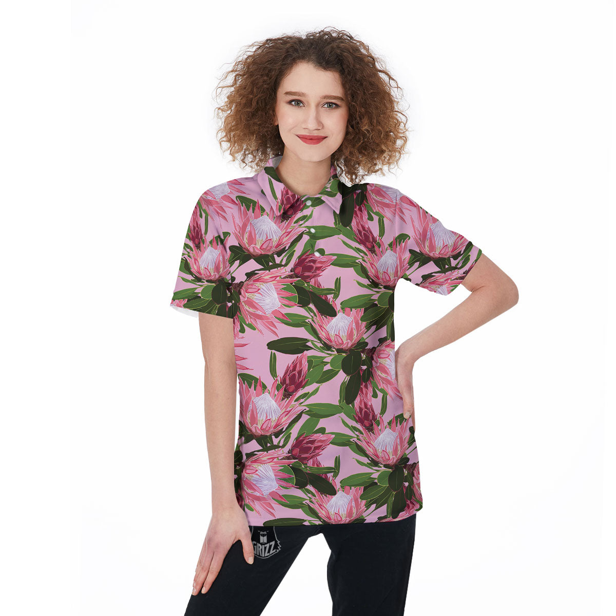 Floral Protea Print Pattern Women's Golf Shirts-grizzshop