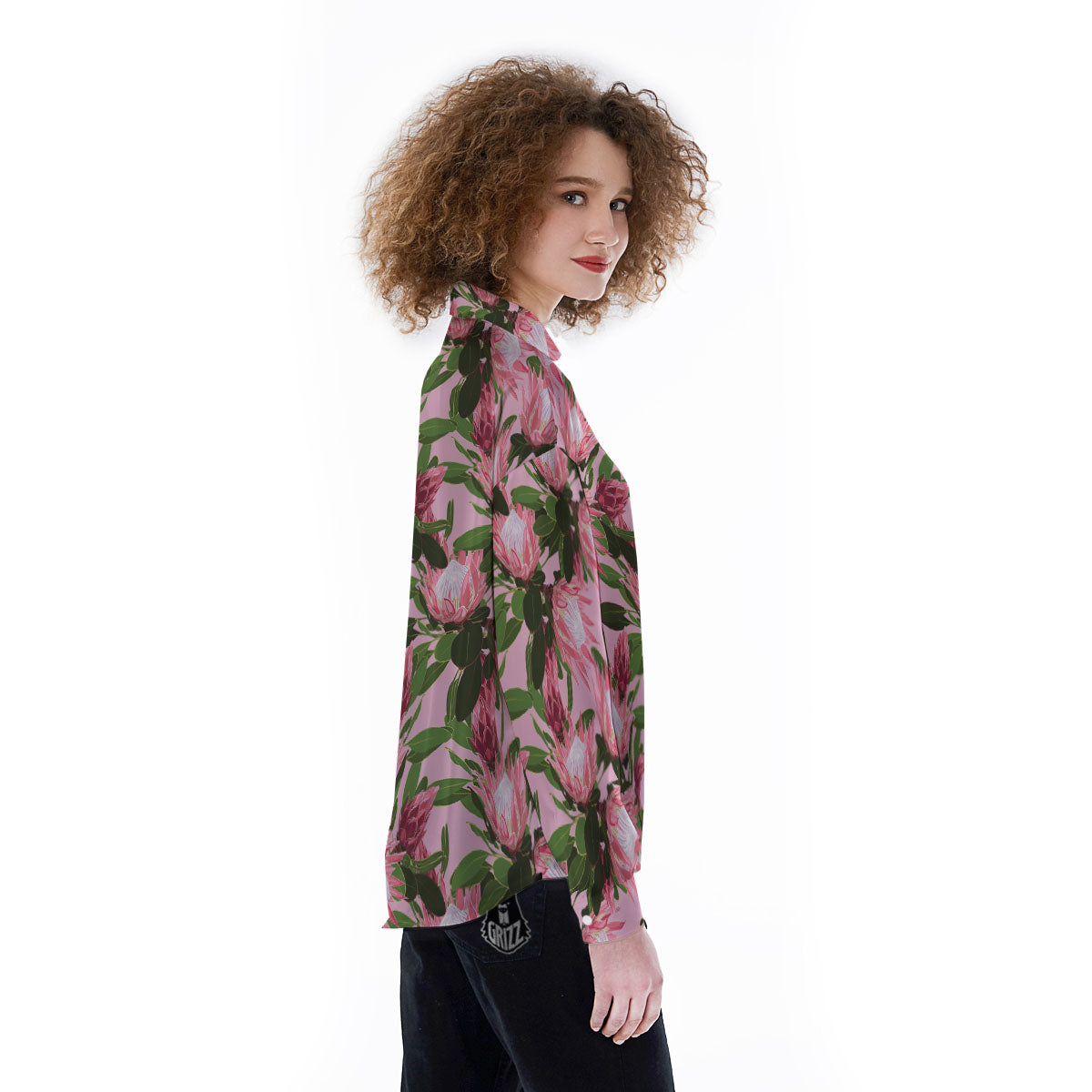 Floral Protea Print Pattern Women's Long Sleeve Shirts-grizzshop