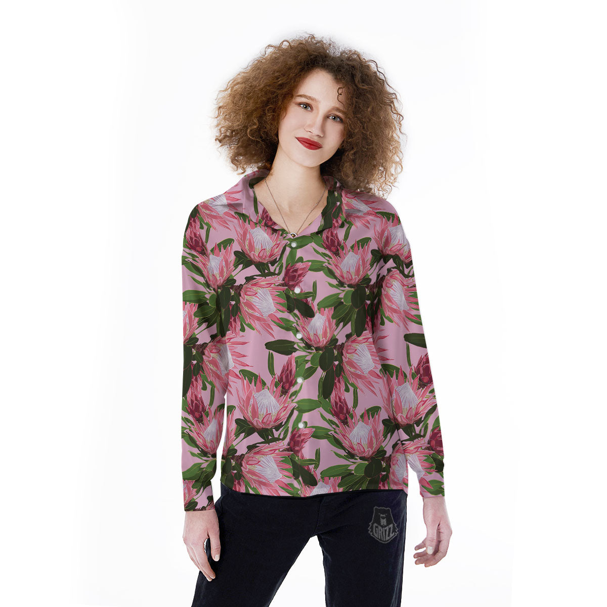 Floral Protea Print Pattern Women's Long Sleeve Shirts-grizzshop