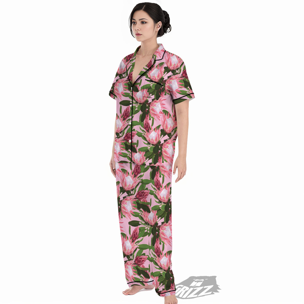 Floral Protea Print Pattern Women's Pajamas Set-grizzshop