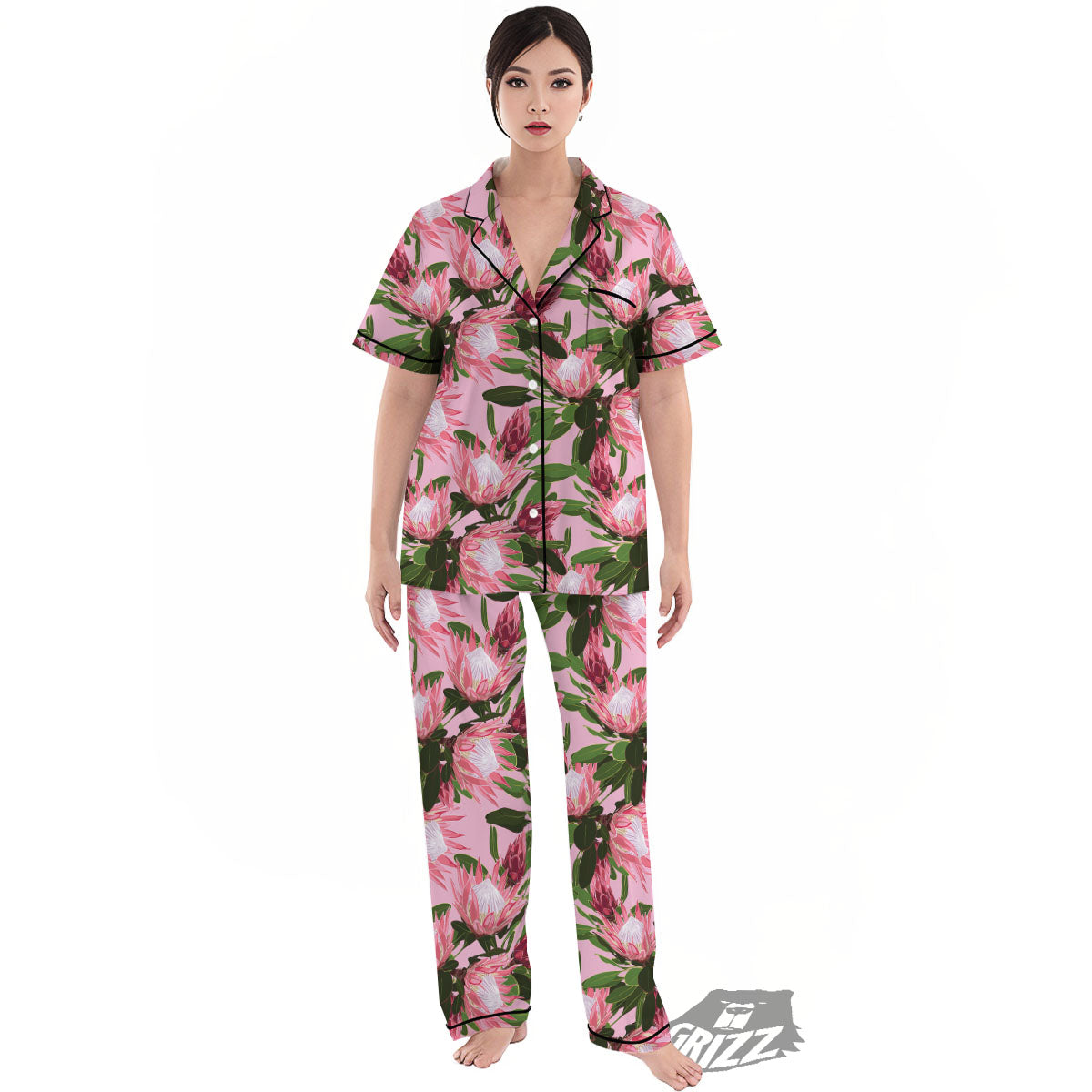 Floral Protea Print Pattern Women's Pajamas Set-grizzshop
