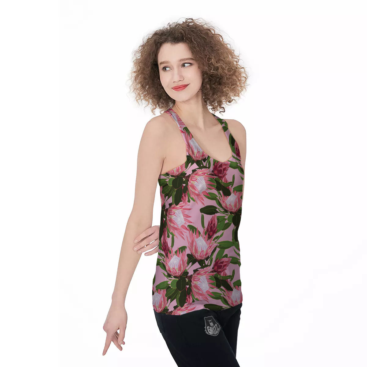 Floral Protea Print Pattern Women's Racerback Tank Top-grizzshop
