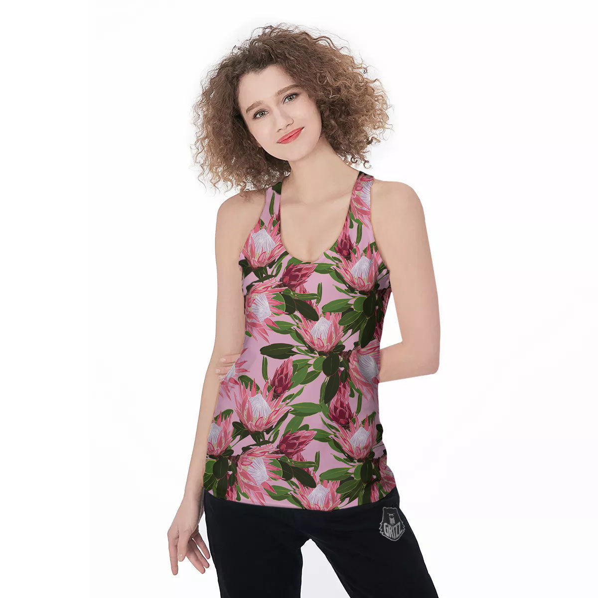 Floral Protea Print Pattern Women's Racerback Tank Top-grizzshop