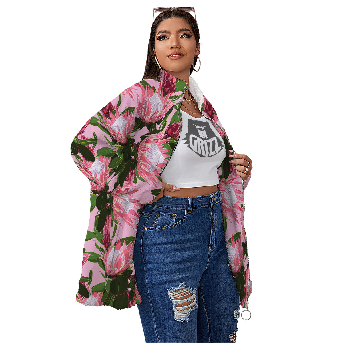 Floral Protea Print Pattern Women's Sherpa Jacket-grizzshop