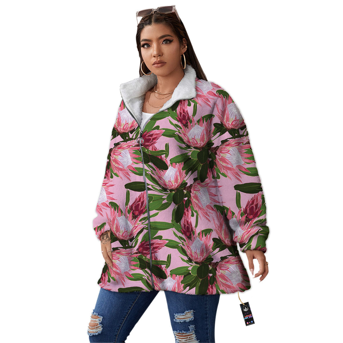 Floral Protea Print Pattern Women's Sherpa Jacket-grizzshop