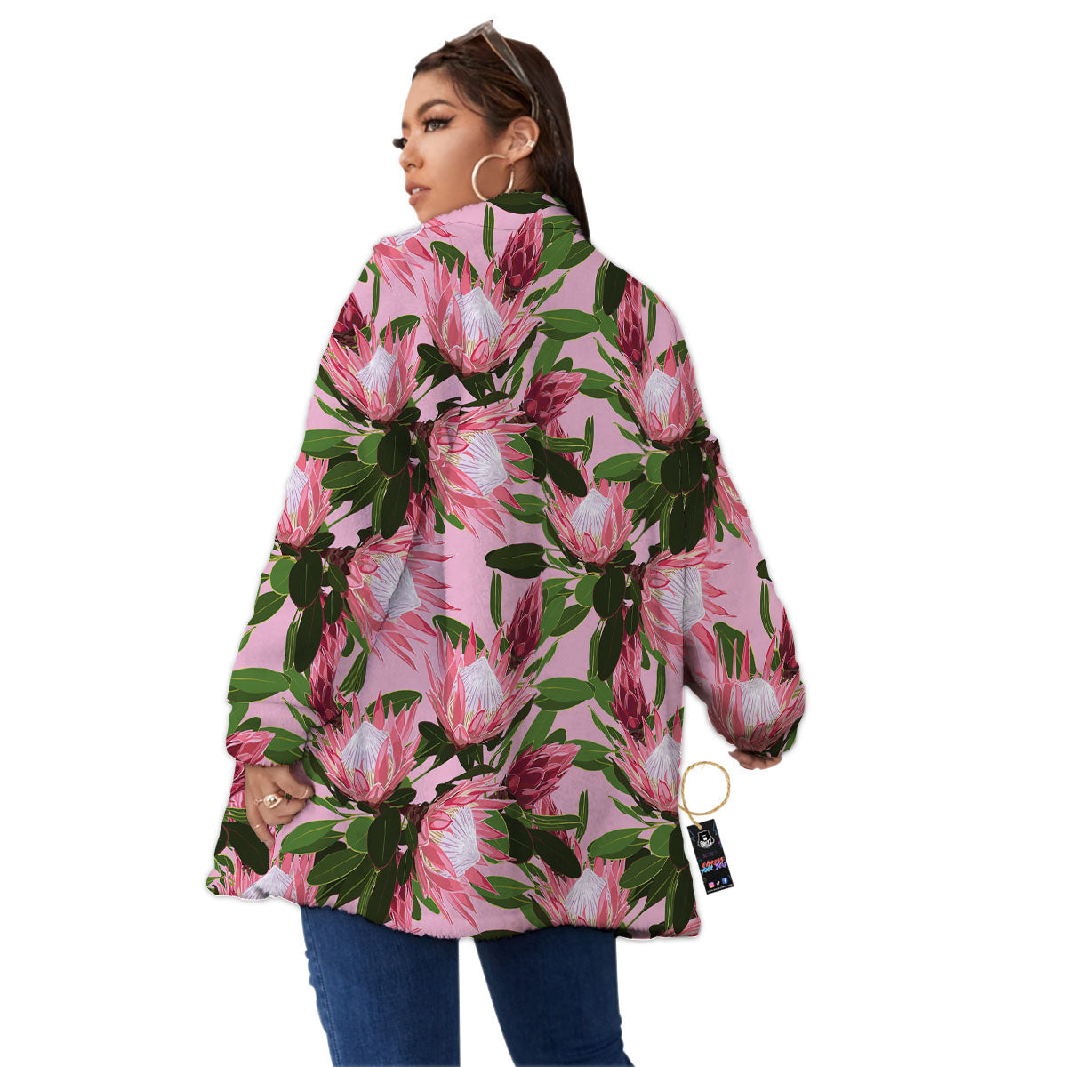 Floral Protea Print Pattern Women's Sherpa Jacket-grizzshop