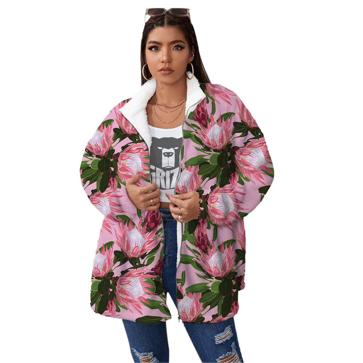 Floral Protea Print Pattern Women's Sherpa Jacket-grizzshop