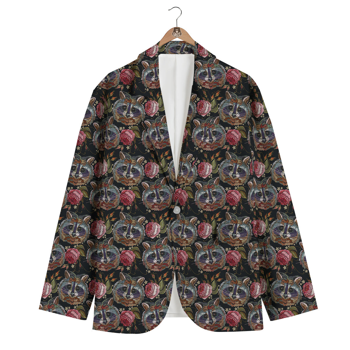 Floral Raccoon Pattern Print Men's Blazer-grizzshop