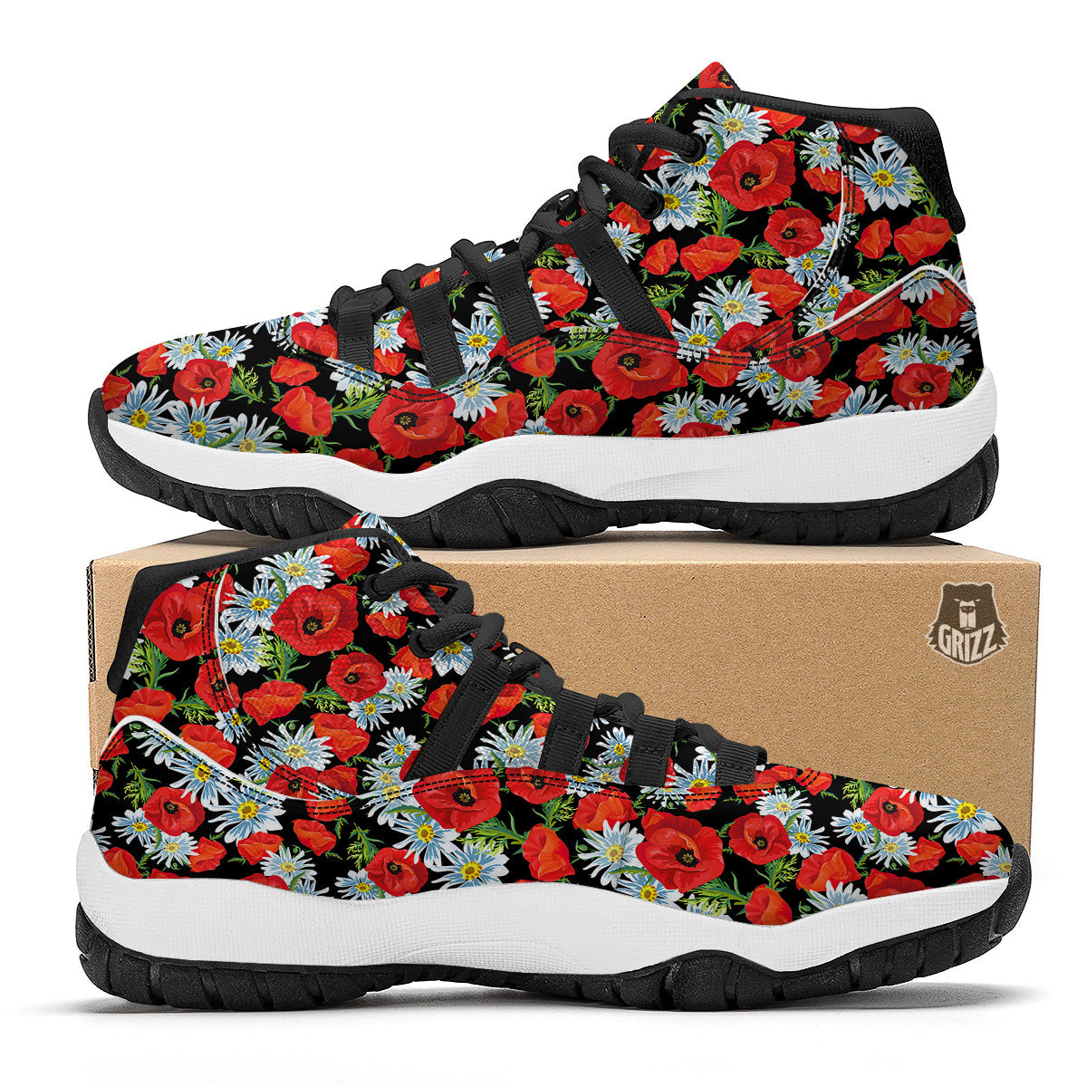 Floral Red Poppy Pattern Print Black Bball Shoes-grizzshop