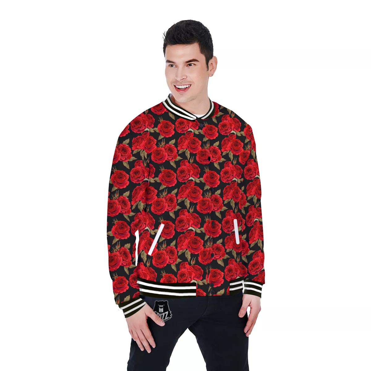 Floral Red Rose Print Pattern Baseball Jacket-grizzshop