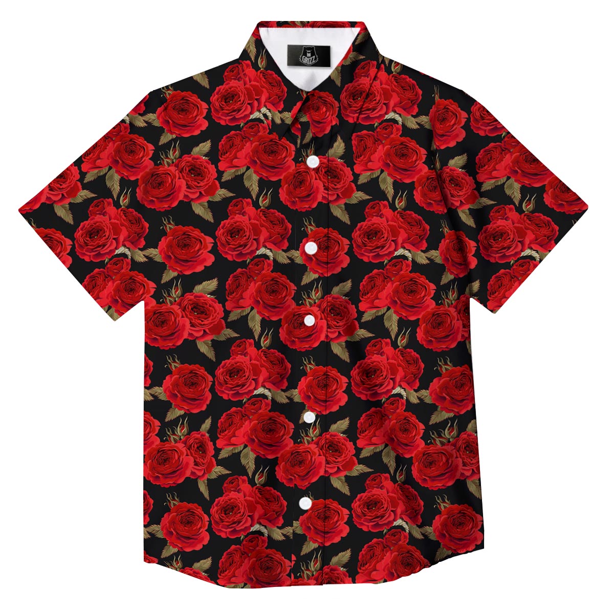 Floral Red Rose Print Pattern Button Up Shirt-grizzshop