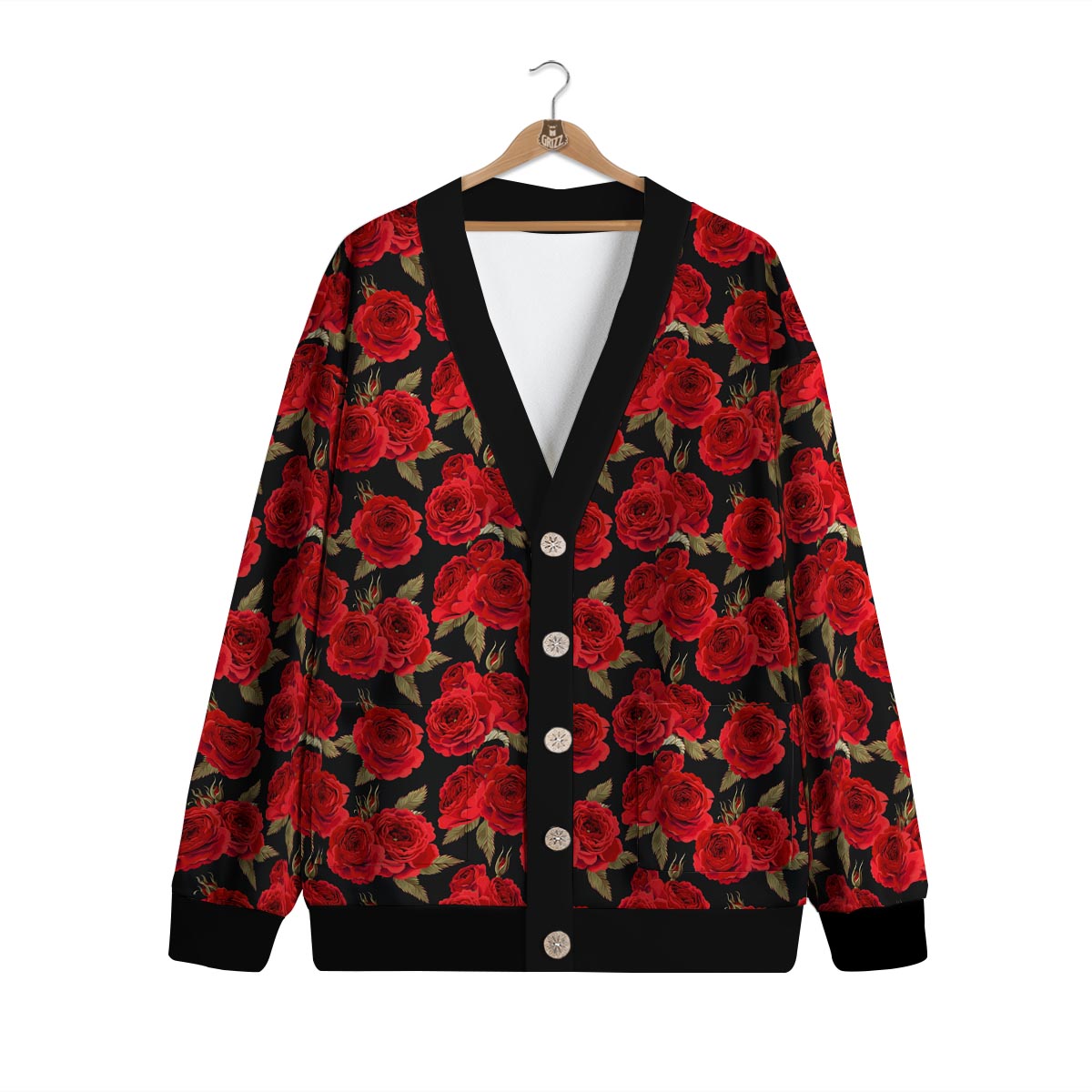 Floral Red Rose Print Pattern Cardigan-grizzshop