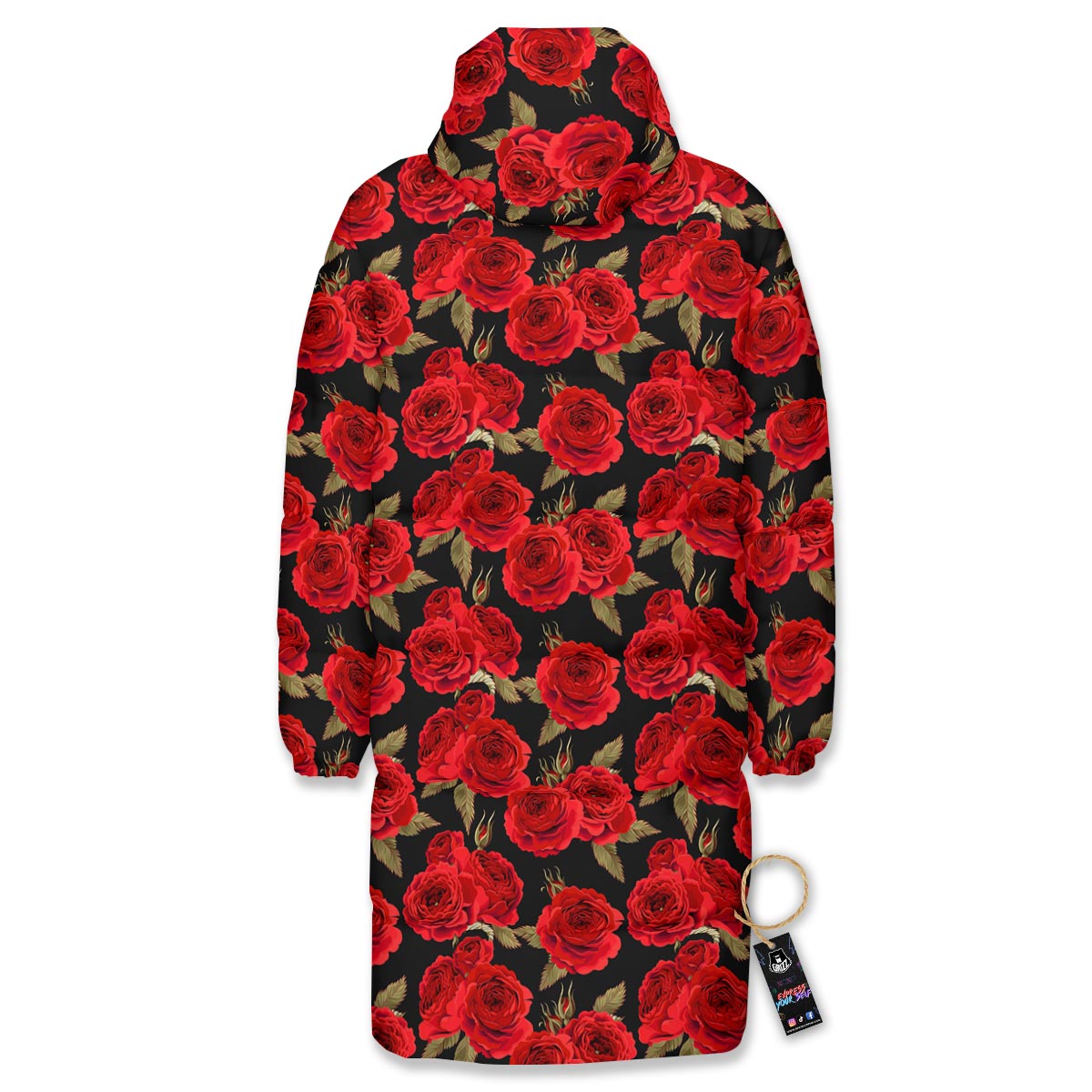 Floral Red Rose Print Pattern Long Down Jacket-grizzshop