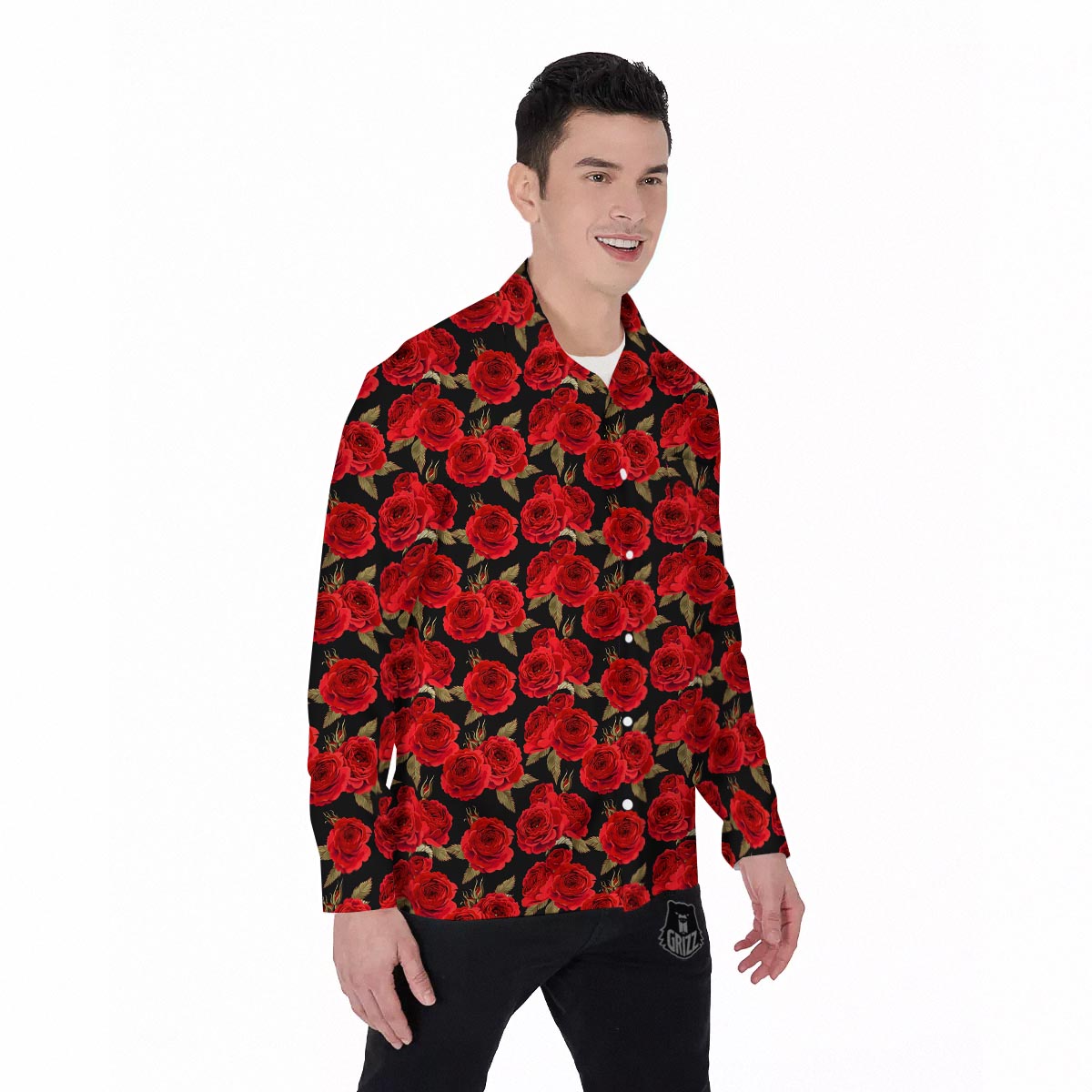 Floral Red Rose Print Pattern Men's Long Sleeve Shirts-grizzshop
