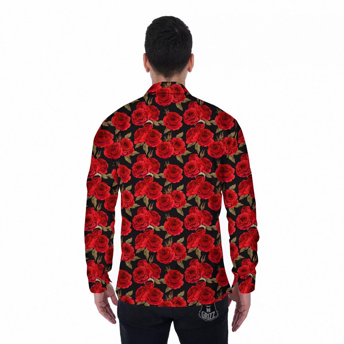 Floral Red Rose Print Pattern Men's Long Sleeve Shirts-grizzshop