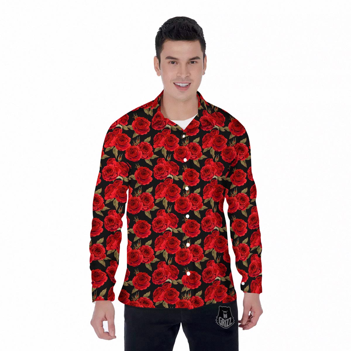 Floral Red Rose Print Pattern Men's Long Sleeve Shirts-grizzshop