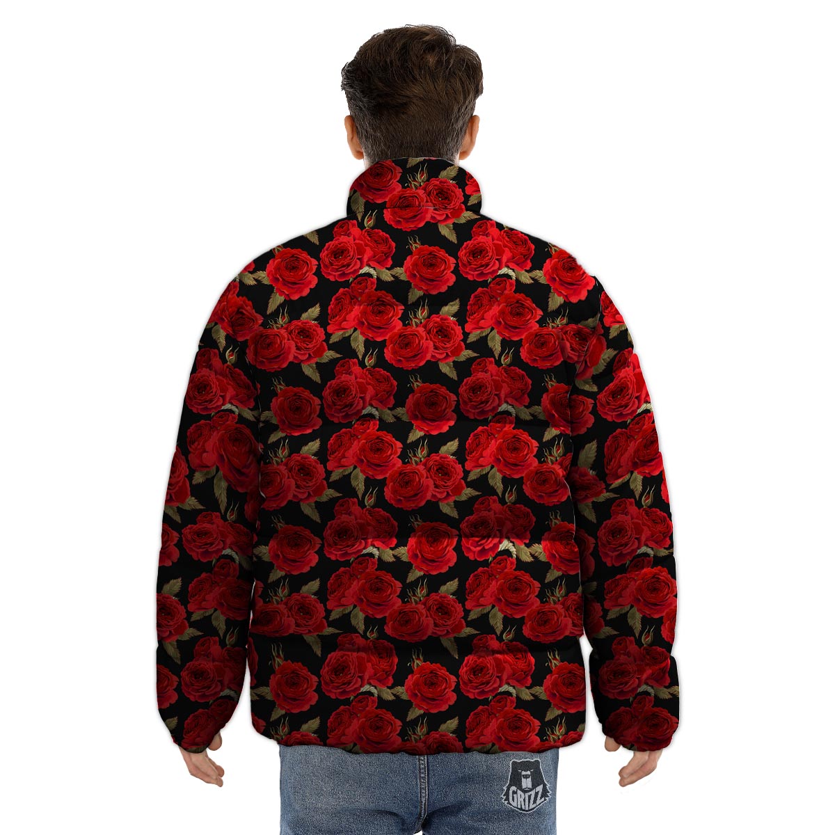 Floral Red Rose Print Pattern Puffer Jacket-grizzshop