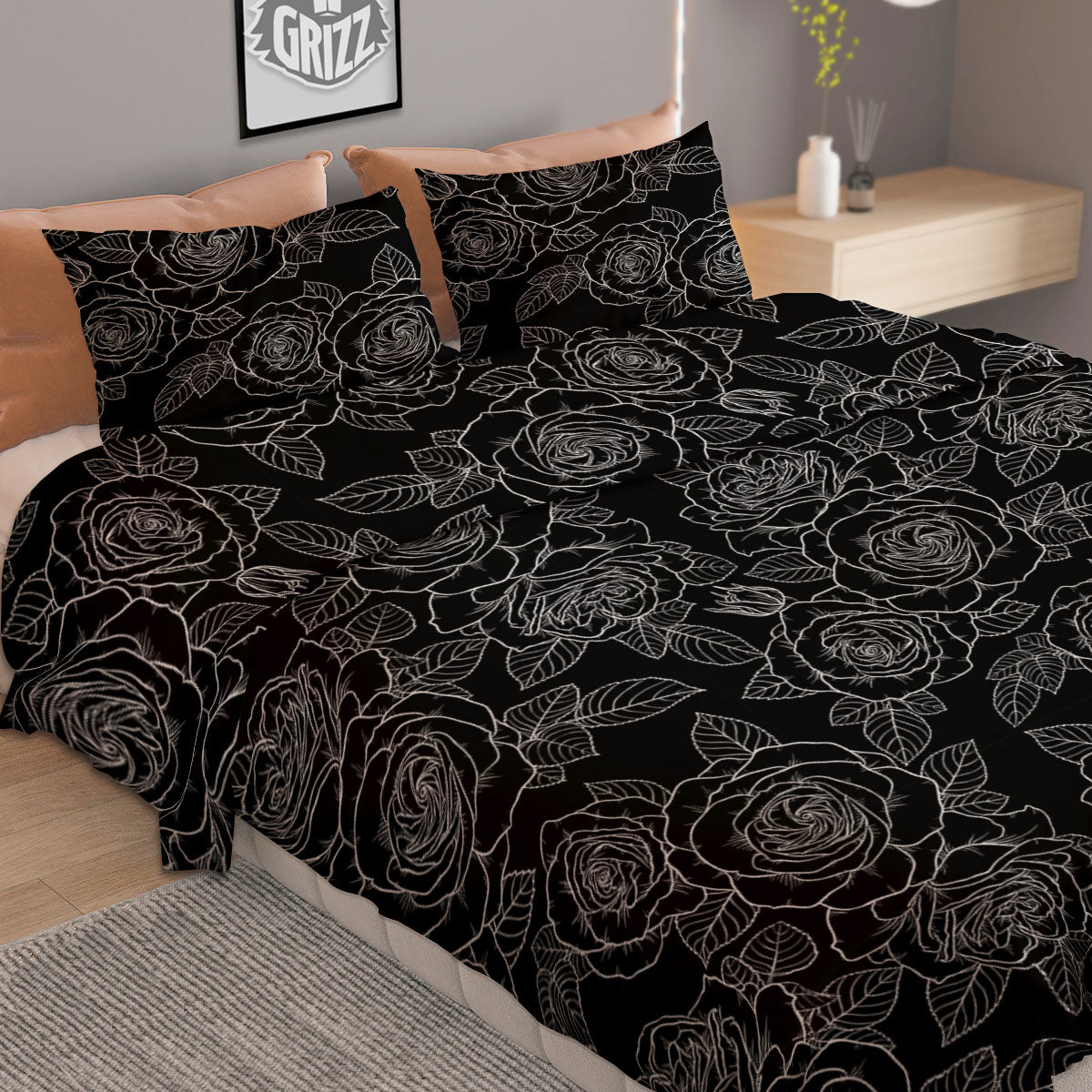 Floral Rose Monochrome Print Pattern Duvet Cover Bedding Set