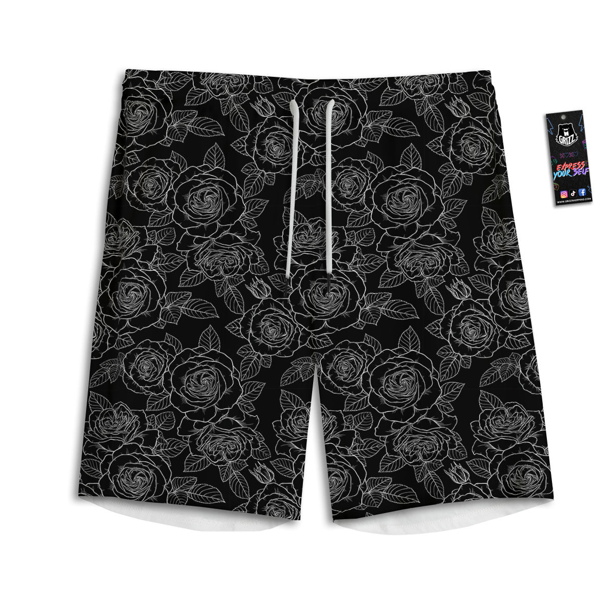 Floral Rose Monochrome Print Pattern Men's Athletic Shorts