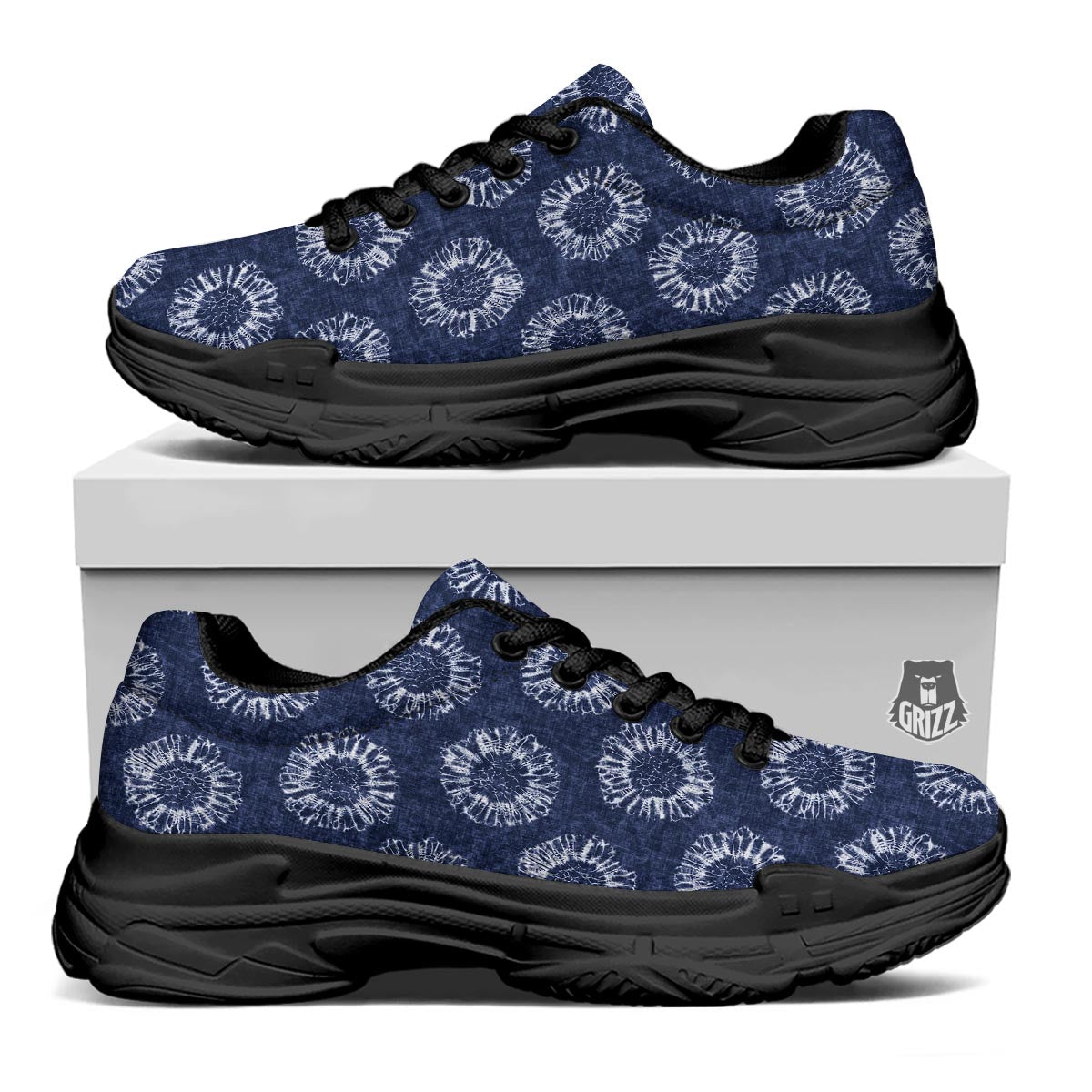 Floral Shibori Print Pattern Black Chunky Shoes-grizzshop