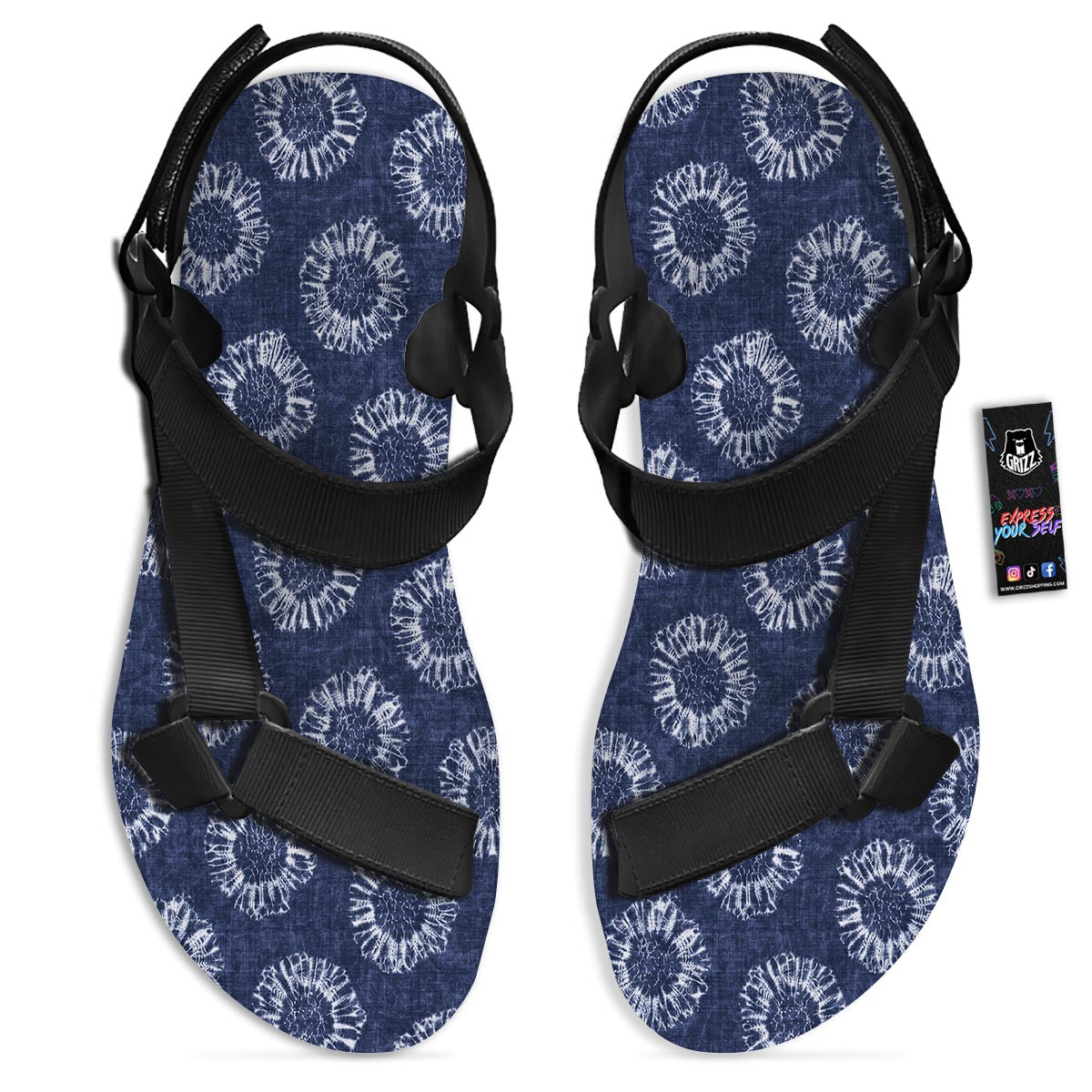 Floral Shibori Print Pattern Black Open Toe Sandals-grizzshop