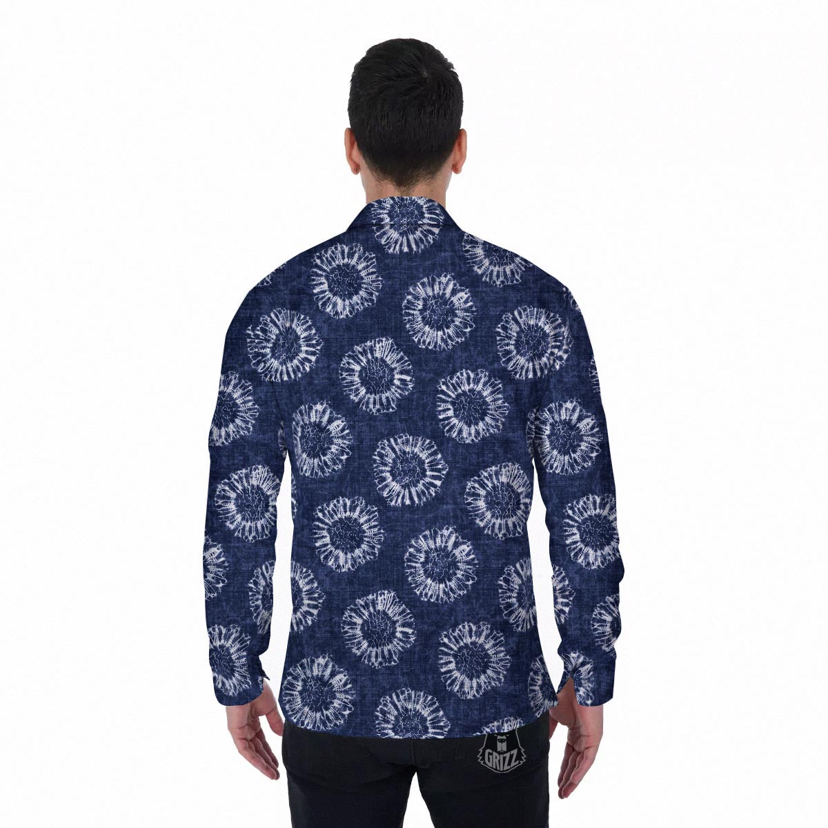 Floral Shibori Print Pattern Men's Long Sleeve Shirts-grizzshop