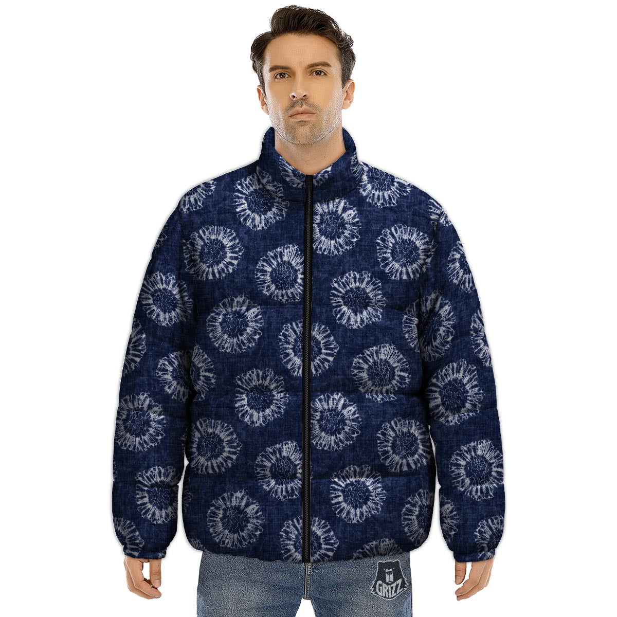 Floral Shibori Print Pattern Puffer Jacket-grizzshop
