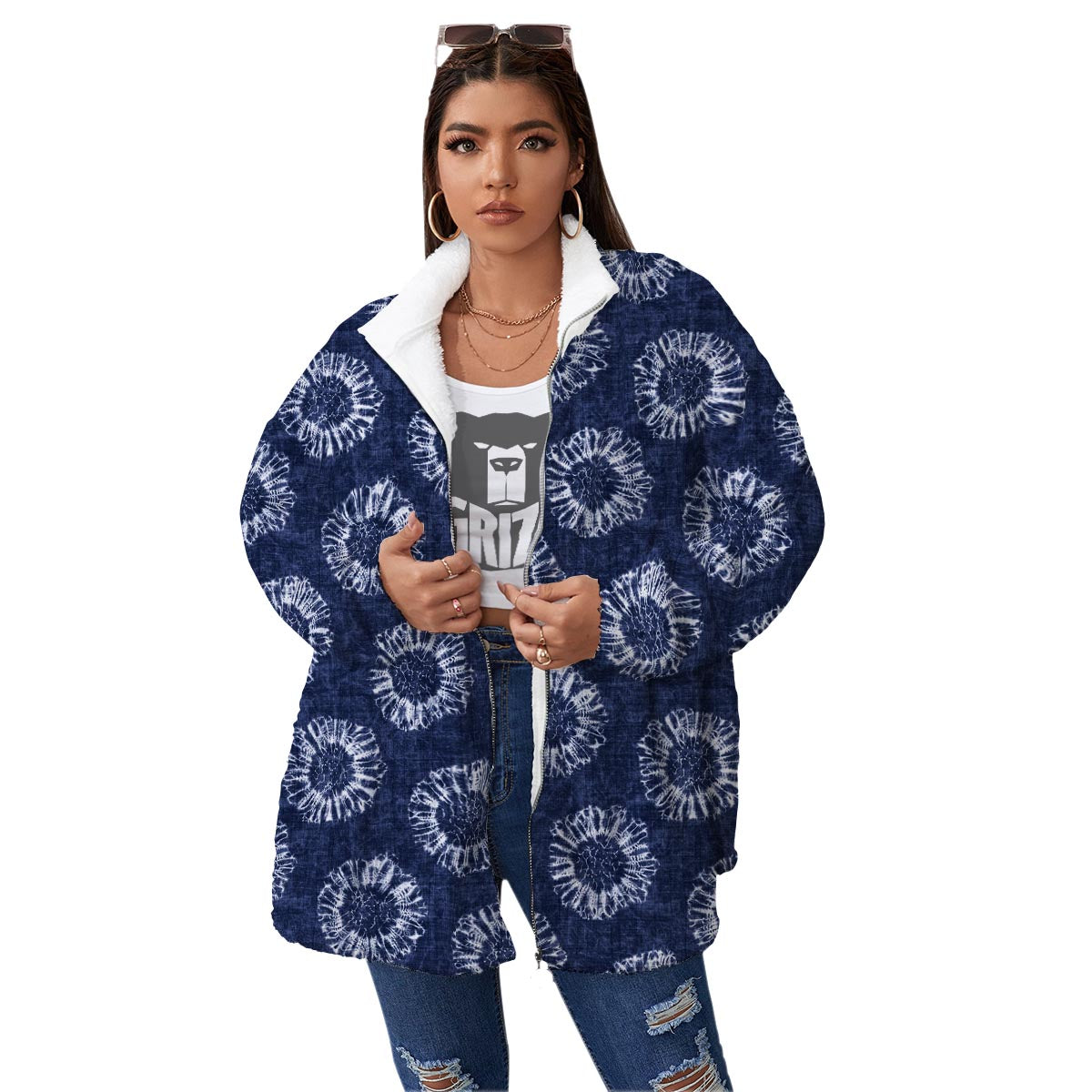 Floral Shibori Print Pattern Women's Sherpa Jacket-grizzshop