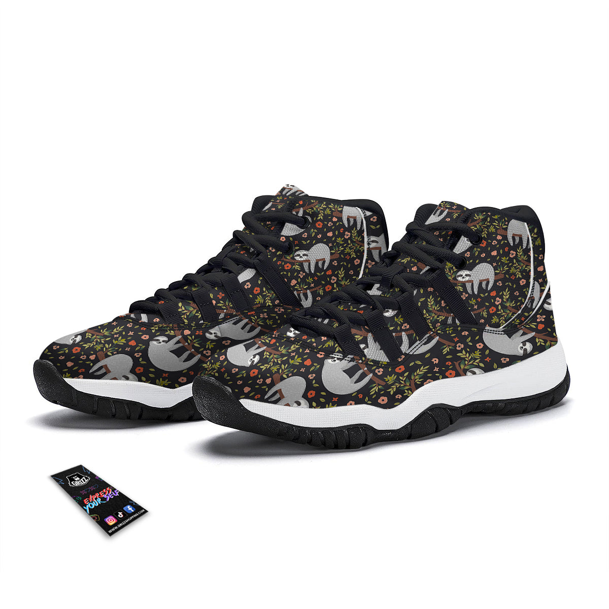 Floral Sloth Pattern Print Black Bball Shoes-grizzshop