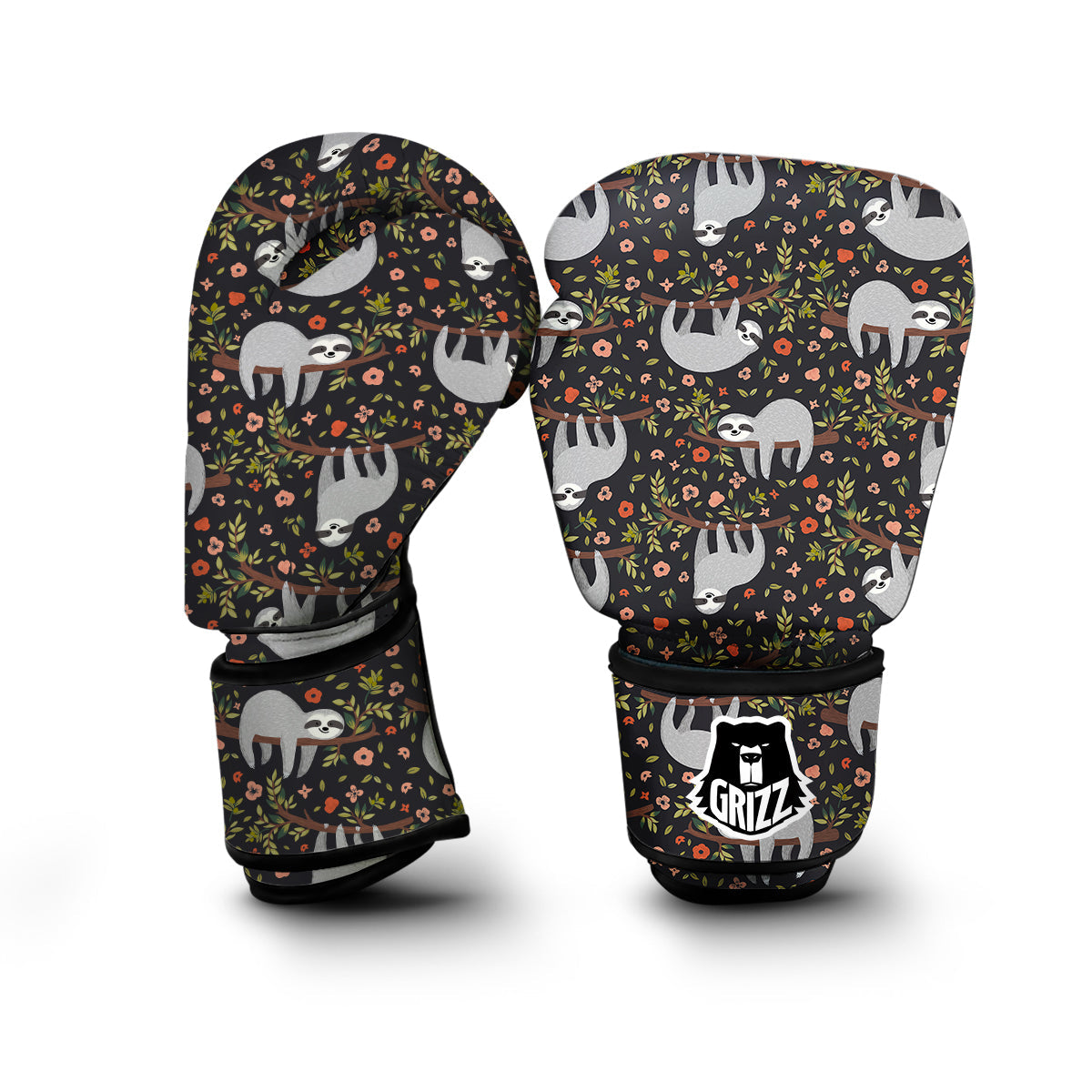 Floral Sloth Pattern Print Boxing Gloves-grizzshop