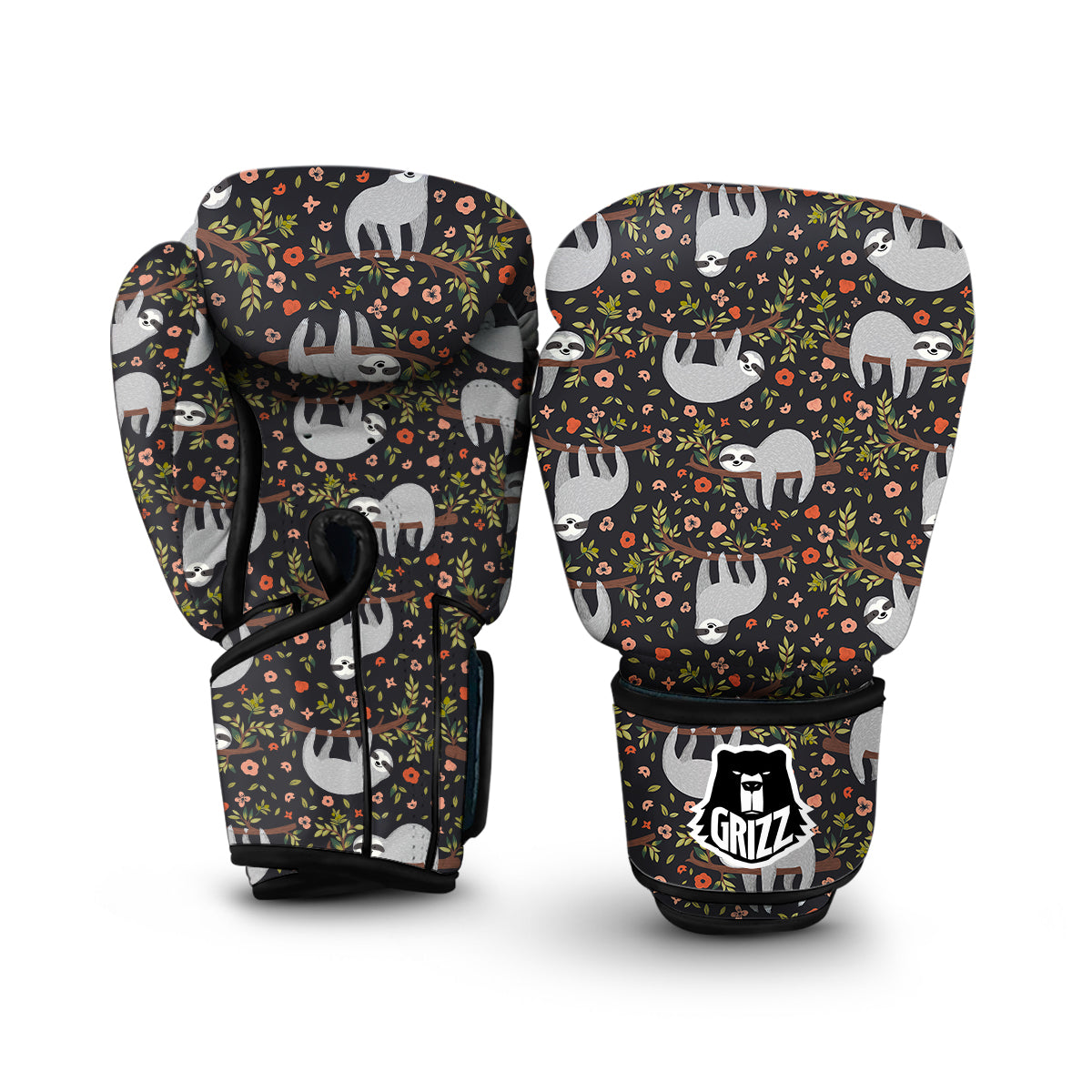 Floral Sloth Pattern Print Boxing Gloves-grizzshop