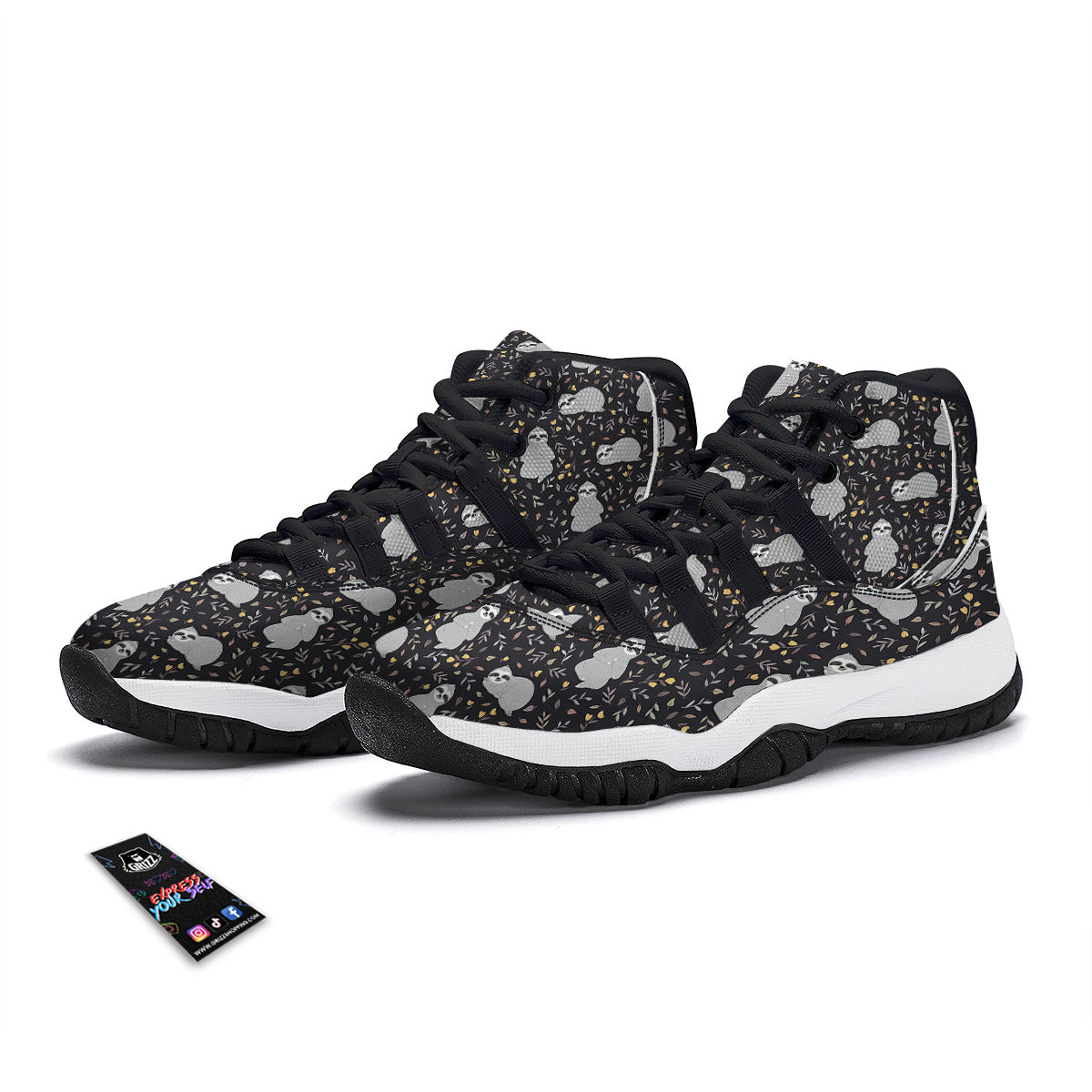 Floral Sloth Print Pattern Black Bball Shoes-grizzshop