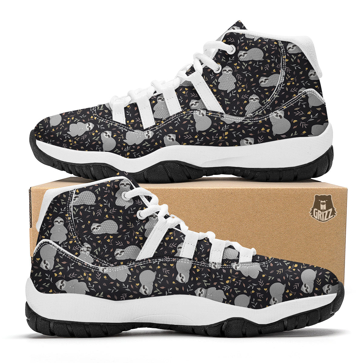 Floral Sloth Print Pattern White Bball Shoes-grizzshop