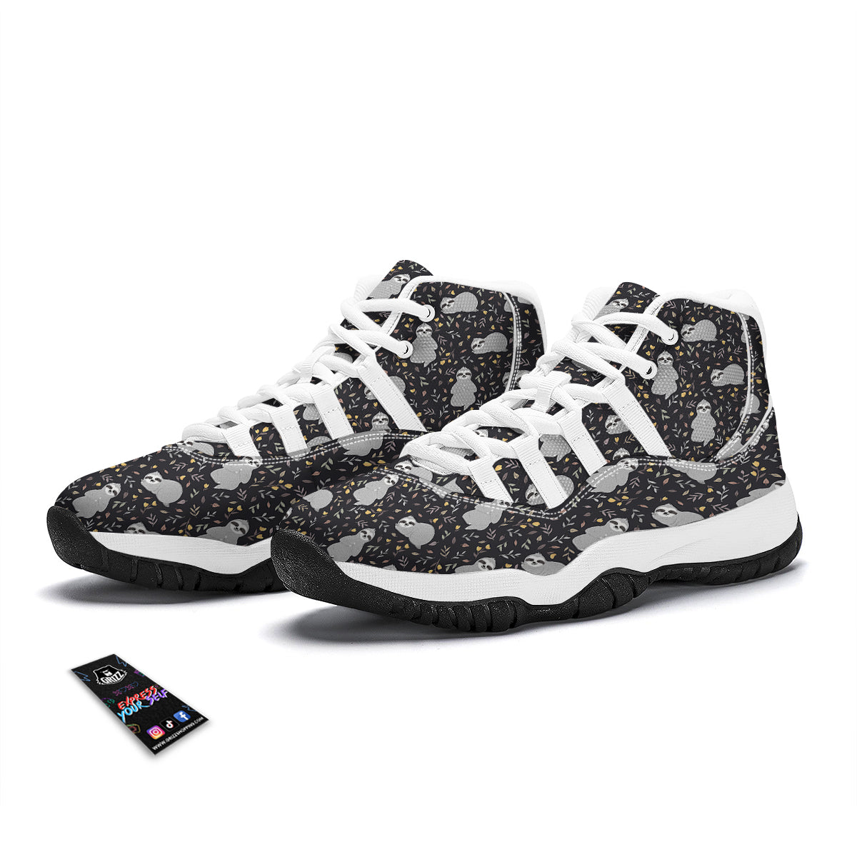 Floral Sloth Print Pattern White Bball Shoes-grizzshop