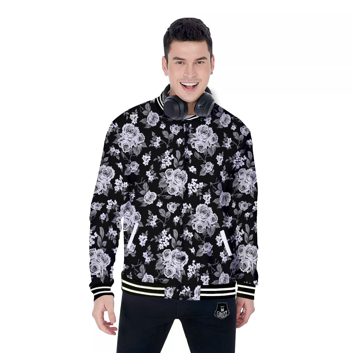 Floral Spring Monochrome Print Pattern Baseball Jacket-grizzshop