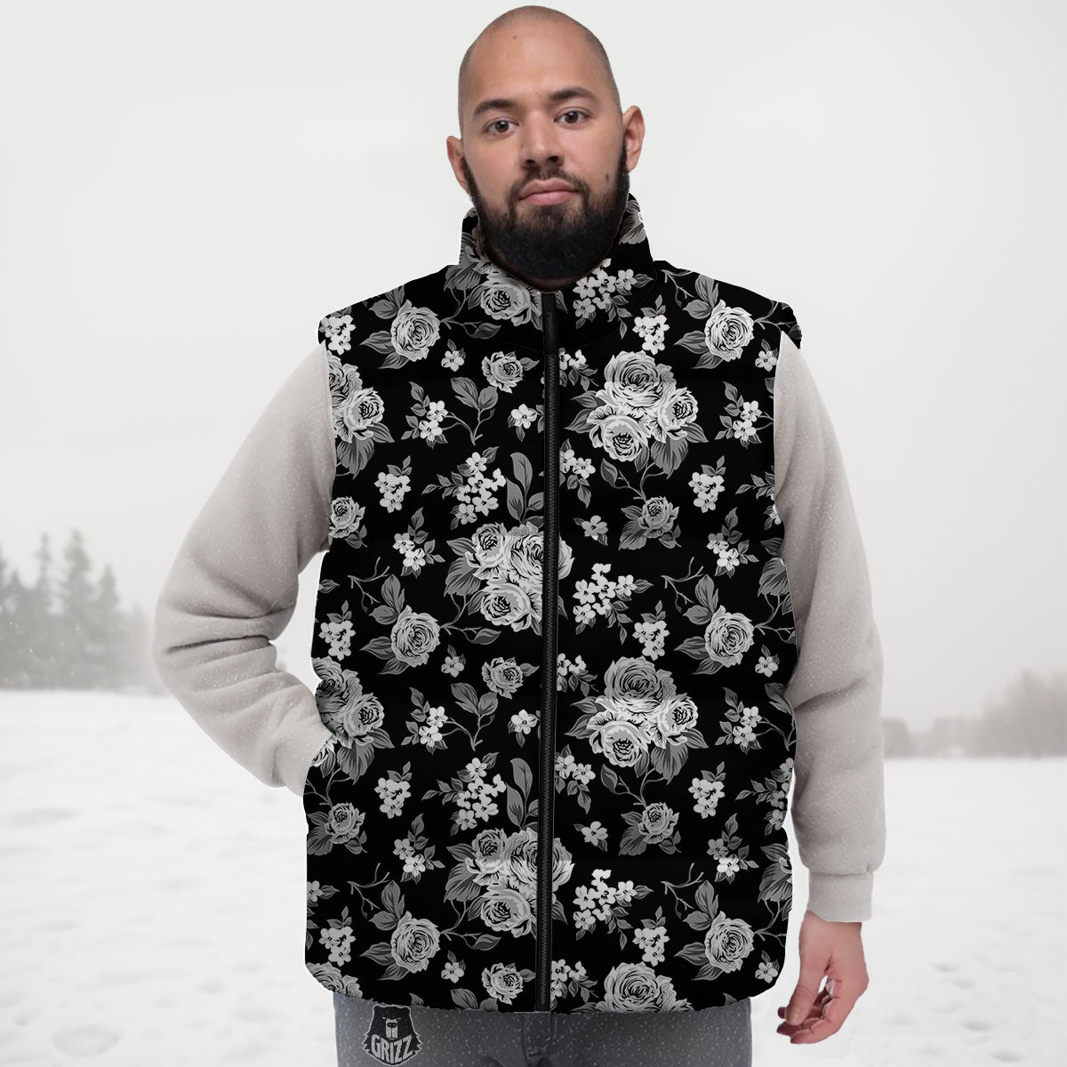 Floral Spring Monochrome Print Pattern Down Vest-grizzshop