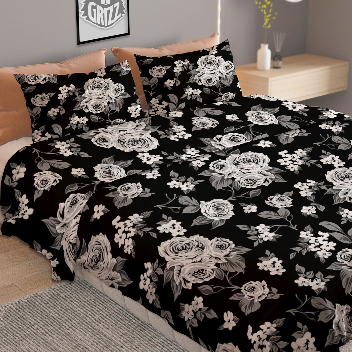 Floral Spring Monochrome Print Pattern Duvet Cover Bedding Set