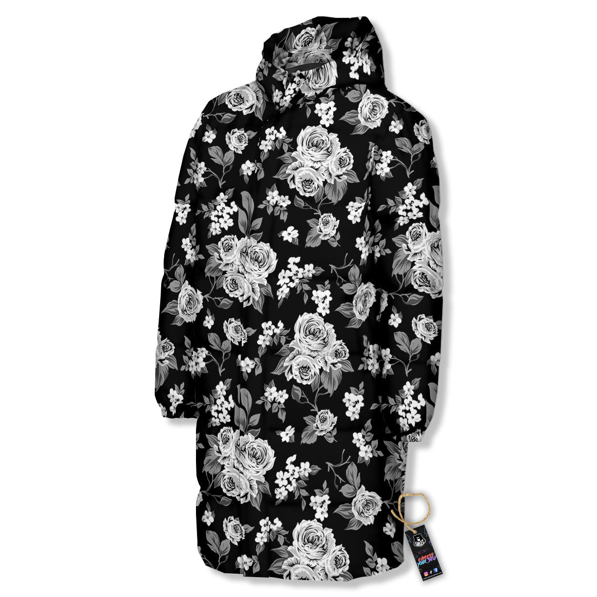 Floral Spring Monochrome Print Pattern Long Down Jacket-grizzshop