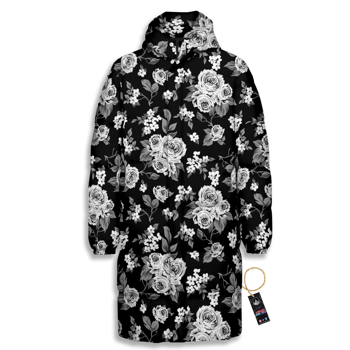 Floral Spring Monochrome Print Pattern Long Down Jacket-grizzshop