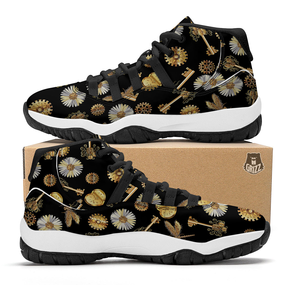 Floral Steampunk Pattern Print Black Bball Shoes-grizzshop