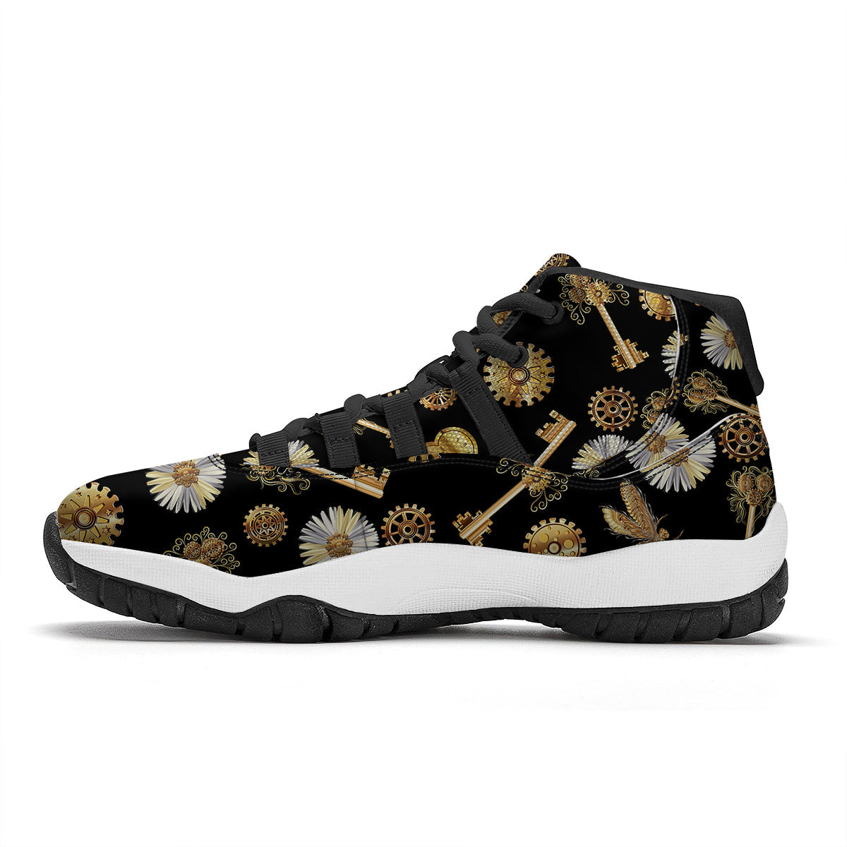 Floral Steampunk Pattern Print Black Bball Shoes-grizzshop